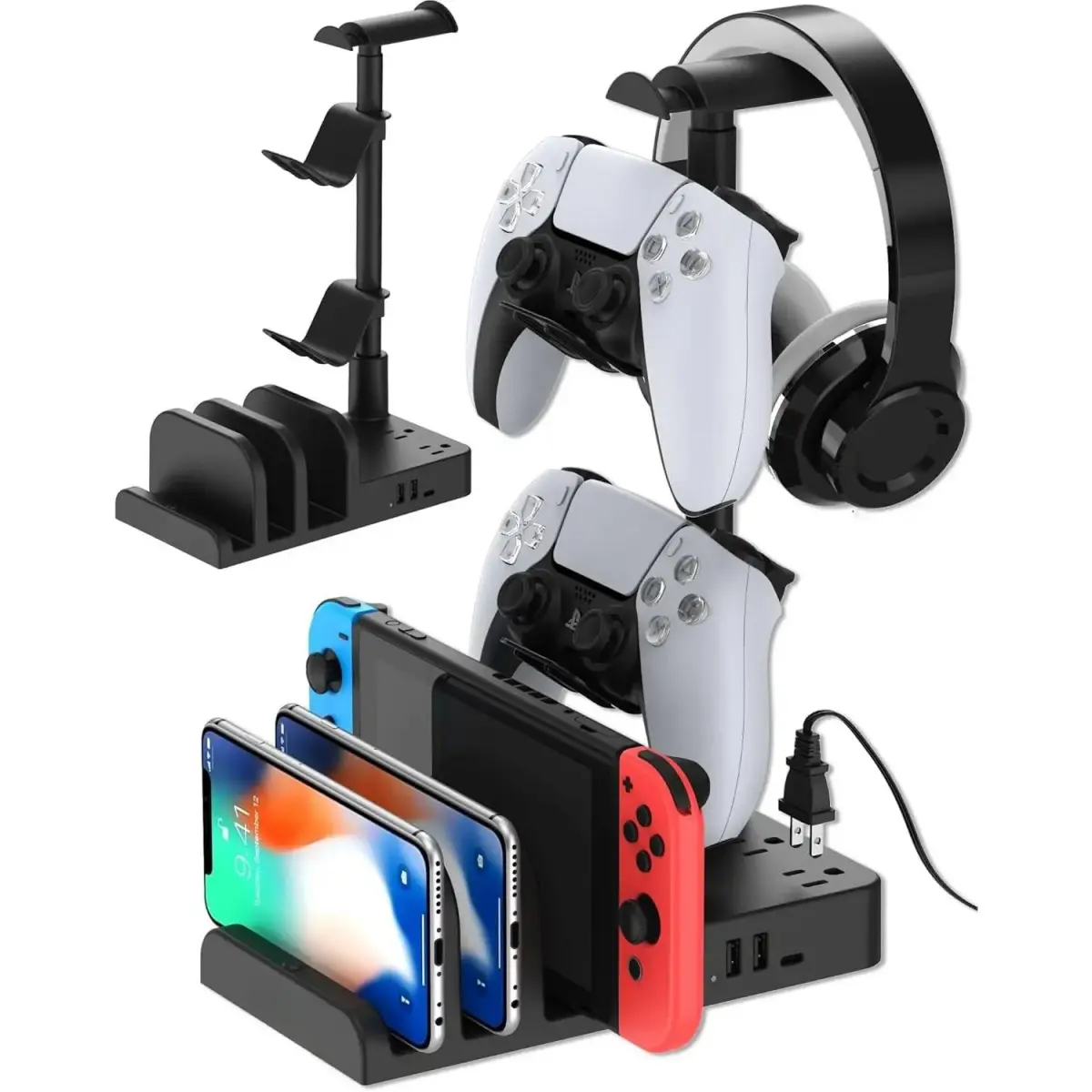 P-CPS022    Headphone and Controller Stand with USB A&C Charger, Desk Gaming Accessories Headset Holder with USB Charging Port and 2 AC Outlets,/Phone Storage Organizer, Gamer Gift for Men Boyfriend, Tablet, Bluetooth