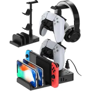 P-CPS022    Headphone and Controller Stand with USB A&C Charger, Desk Gaming Accessories Headset Holder with USB Charging Port and 2 AC Outlets,/Phone Storage Organizer, Gamer Gift for Men Boyfriend