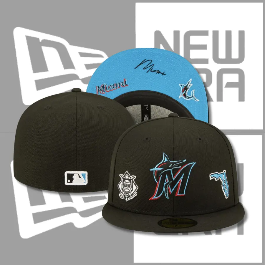 New Era Miami Marlins 59FIFTY Fitted Baseball Hat Black Cap Multicolor Embroidered M Logo Florida Patch Premium MLB Style