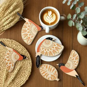 4in 2D Bohemian Style Wooden Bird Coasters Set Anti-Scald Non-Slip Color-Printed Artistic Design Restaurant Coffee Shops Decor