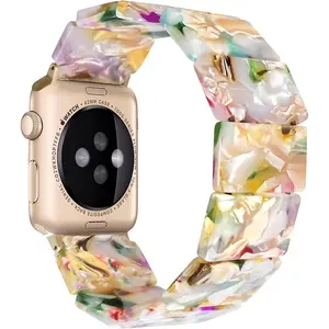 *WBA008-XLL Resin Fashion Watch Band Compatible with Apple Watch Series Ultra//10/9/8/7/SE/6/5/4, Tortoise Elastic Watch Band Bracelet Jewelry Wristband Women Girl for iWatch, 38/40/41/42mm, 42/44/45/46/49