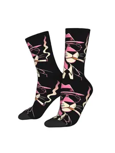 BIIHUDU Men'S Funny Panther Socks - Black with Pink Detective Design, Polyester All-Over Print Novelty Novelty Socks for Men,