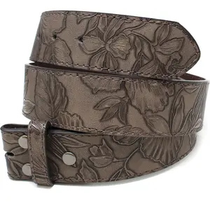 Belts Leather Belt Strap with Flower and Leaf Embossed Pattern 1.5" Wide with Snaps - Floral Vintage Style