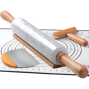 18.5 inches Marble Rolling Pin,Large Non-Stick Dough Roller,for making pizza, cookies,pie crusts, and pasta.with  Pastry Mat,Stainless Steel Scraper,and Small Wooden Roller Pin(White)