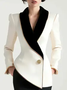 Women's Elegant Asymmetrical Color-Block Lapel Blazer Jacket - X-Silhouette Machine-Washable Long Sleeve Office & Casual Coat With Black & Golden Contrast Design, Smooth Texture Fabric, Structured Fit, Fall Fashion, Professional Women