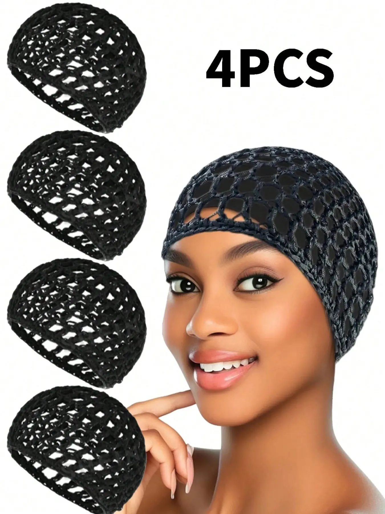 4pcs Hair Net Caps, Sleep Hair Nets, Head Covers For Wigs, Black Mesh Wrap Caps, Crochet Wave Chef Hats, Hair Bun Bouffant Caps, Suitable For Women Ballet Dancers Sleep Bonnet, Sleeping Bonnet, Hair Care Cap
