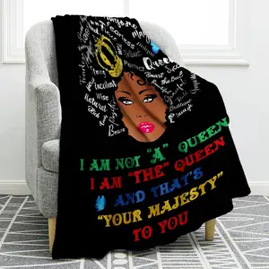 African American Black Girl Lady Blanket I AM The Queen Print Gifts for Women Mom Wife Birthday Mother's Day Christmas GIFS Home Bedroom Decor Soft Cozy Plush Throw Blankets Black 60"x80", Printed on One Side with a Plain White Back, Halloween Thanksgivin