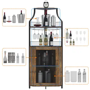 Garvee Corner Wine Cabinet, 5-Tier Industrial Bar Unit with Wine Rack and Glass Holder, Wine Shelf with Mesh Door for Living Room and Dining Room, Rustic Brown
