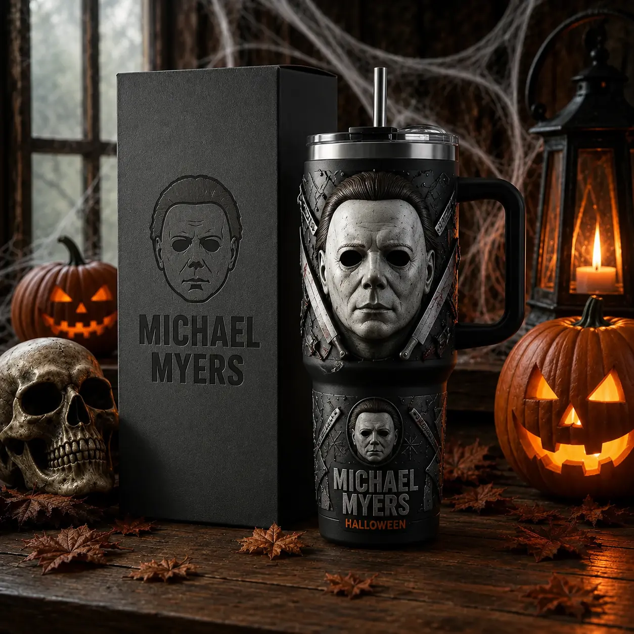 OceanSip4U Michael Myers Halloween 40oz Stainless Steel Tumbler with Handle, Vacuum Insulated Travel Mug, Horror Movie Slasher Cup, Leak-Resistant Coffee Tumbler, Halloween Gift for Horror Fans