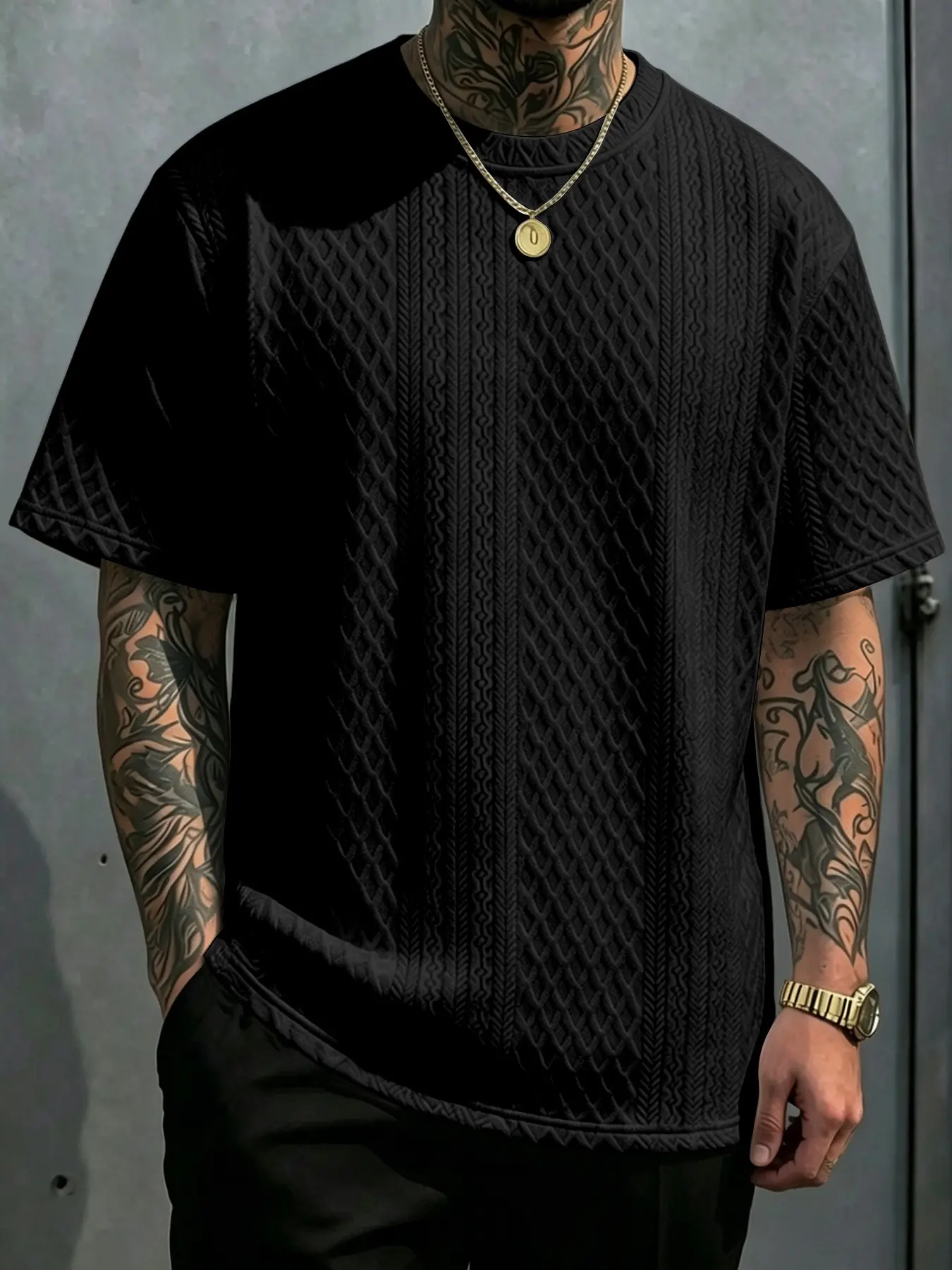 Men's Casual Textured Round Neck Top, Soft Comfortable Fabric, Ideal for Travel and Daily Office Wear, Versatile Men's Clothing