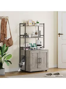 Cat Litter Box Enclosure, 2-In-1 Cat Litter Box Furniture Hidden With 2 Tier Storage Shelves And Doors, Modern Indoor Cat House, Wooden Cat Washroom Furniture For Most Litter Box Enclosed