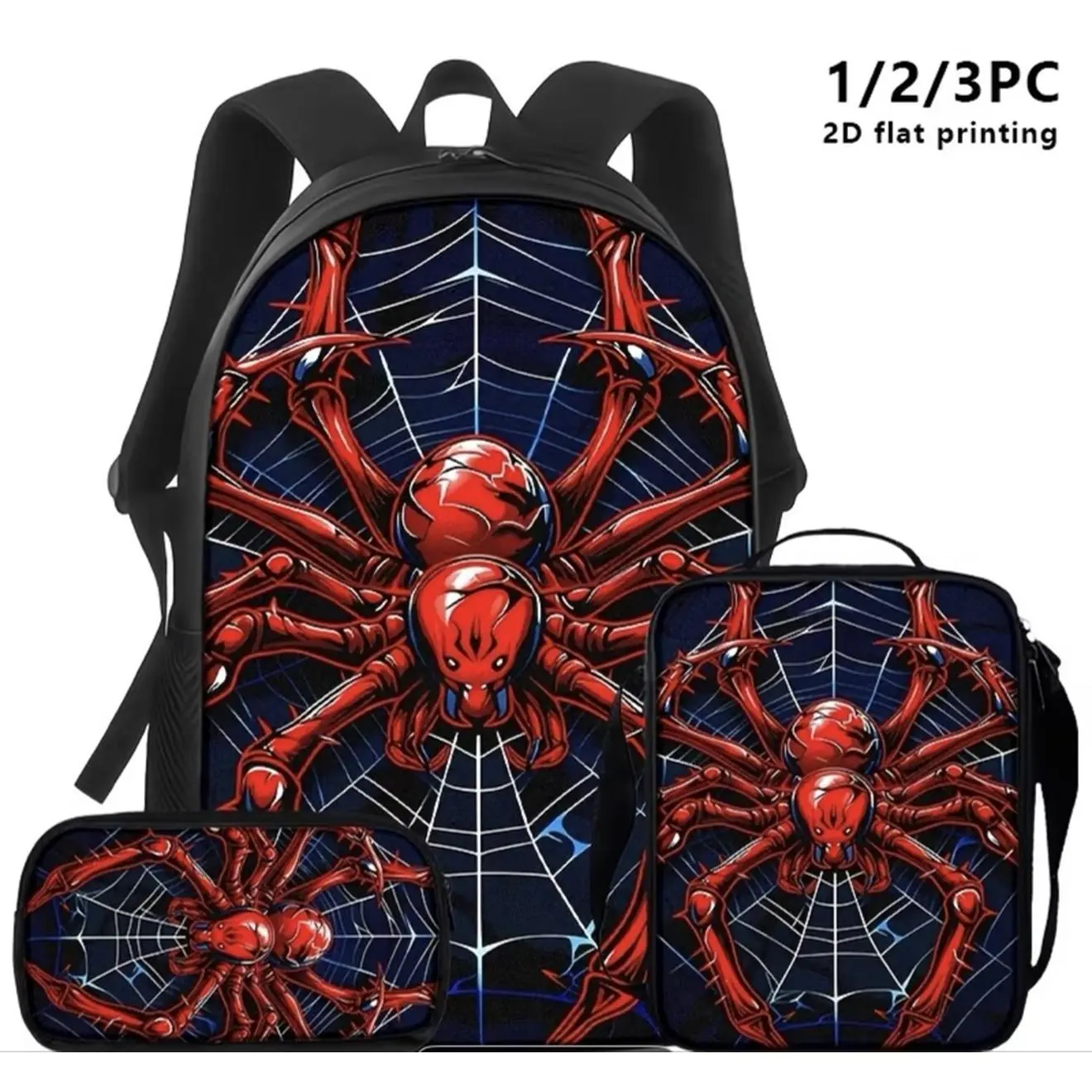 3pcs Backpack Shoulder Bag Pouch with Red Spider Web 2D Print Dark Sci-Fi Style for Young Adults Ideal for Commuting Travel Streetwear