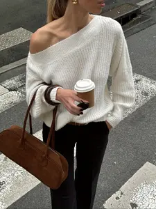 Women's Elegant White Sweater, Winter Off Shoulder Long Sleeve Knit Top, Solid Casual Slouchy Pullover