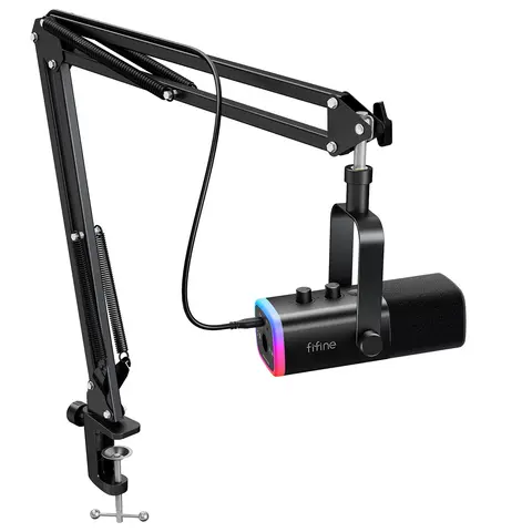 fifine AM8T Dynamic USB-C/XLR Gaming Microphone Kit with Boom Arm - Cardioid Dynamic PC Mic for Streaming and Podcasting, RGB Light, Mute Button, Headphone Jack, Plug-and-Play USB Type-A Compatibility