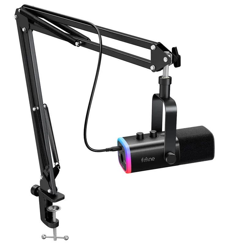 fifine AM8T Dynamic USB-C/XLR Gaming Microphone Kit with Boom Arm - Cardioid Dynamic PC Mic for Streaming and Podcasting, RGB Light, Mute Button, Headphone Jack, Plug-and-Play USB Type-A Compatibility