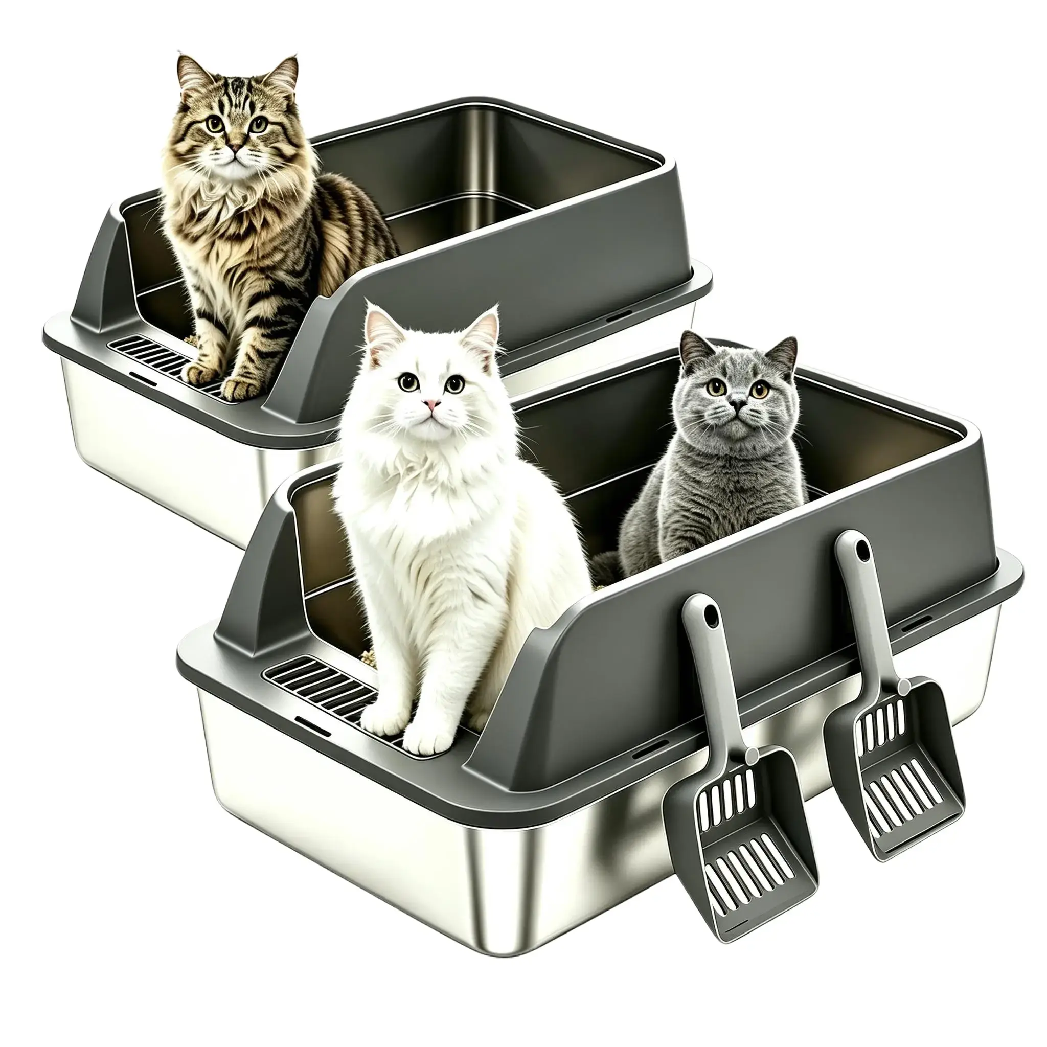 petwhole 2-Pack Stainless Steel Enclosed Litter Box - 23" L x 15" W x 8" H XL Litter Tray for Large Cats, High Sides, Easy-to-Clean Scoop Included (Dark Grey), Non-Stick Scratch-Proof Metal Surface, Stainless Steel Litter Box