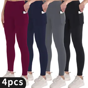 4 pairs  high-waisted solid color pocket pants tummy control side pocket casual and simple, suitable for spring, summer and autumn, sports and leisure clothing