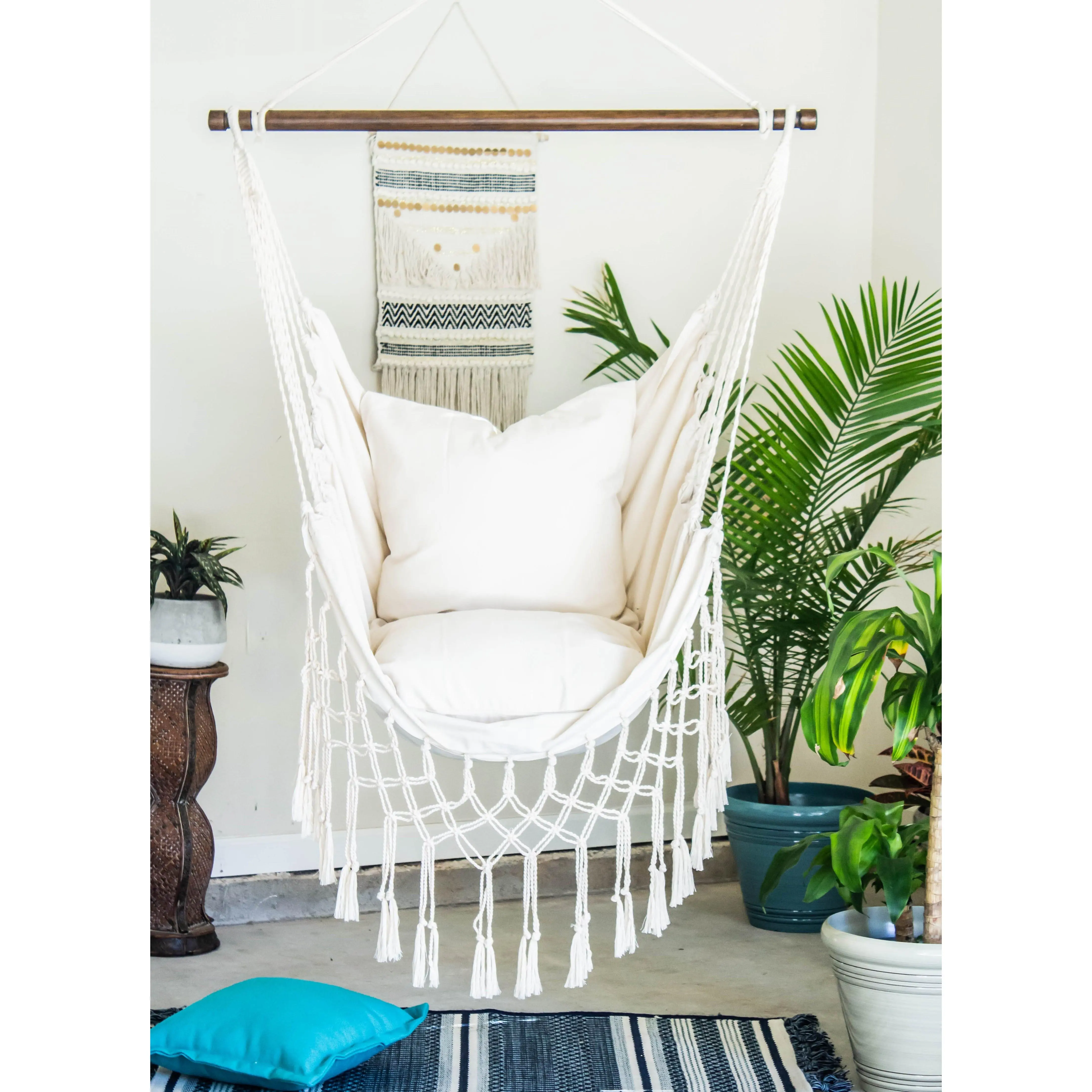 White Macrame Hammock Chair Swing | Boho Style Hanging Chair- 100% Cotton Canvas Hammock - Indoor Macrame  Woven Hammock Swing