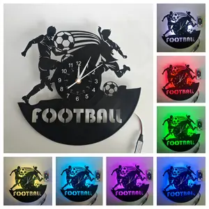 7 Color LED Football Player and Ball Pattern Vinyl Record Wall Clock, Home Decor Gift for Soccer Fans, Bedroom Living Room Office Cafe, Led Wall Clocks