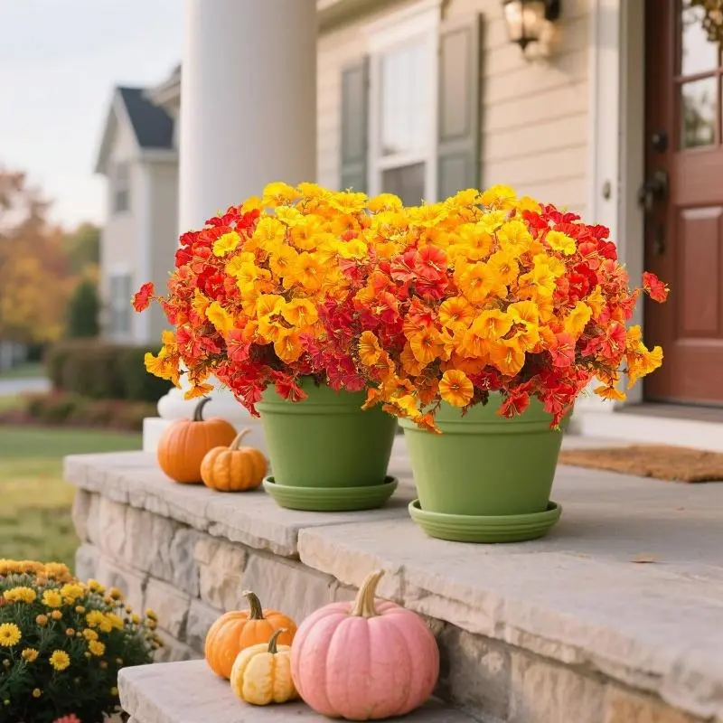 18/36-Pcs Outdoor Fall Artificial Flowers Set - Realistic Autumn Thanksgiving & Halloween Decor with Vibrant Orange, Yellow, Red & Brown Leaves, Rustic Style - All-Weather Durable Faux Plants for Porch, Front Door, Walls, Fences Decorative Fruit Ornaments