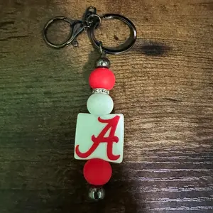 Metal Keychains Beads - Keychain with Letter "A" Design, Red Beads, White Base, Includes Clasp
