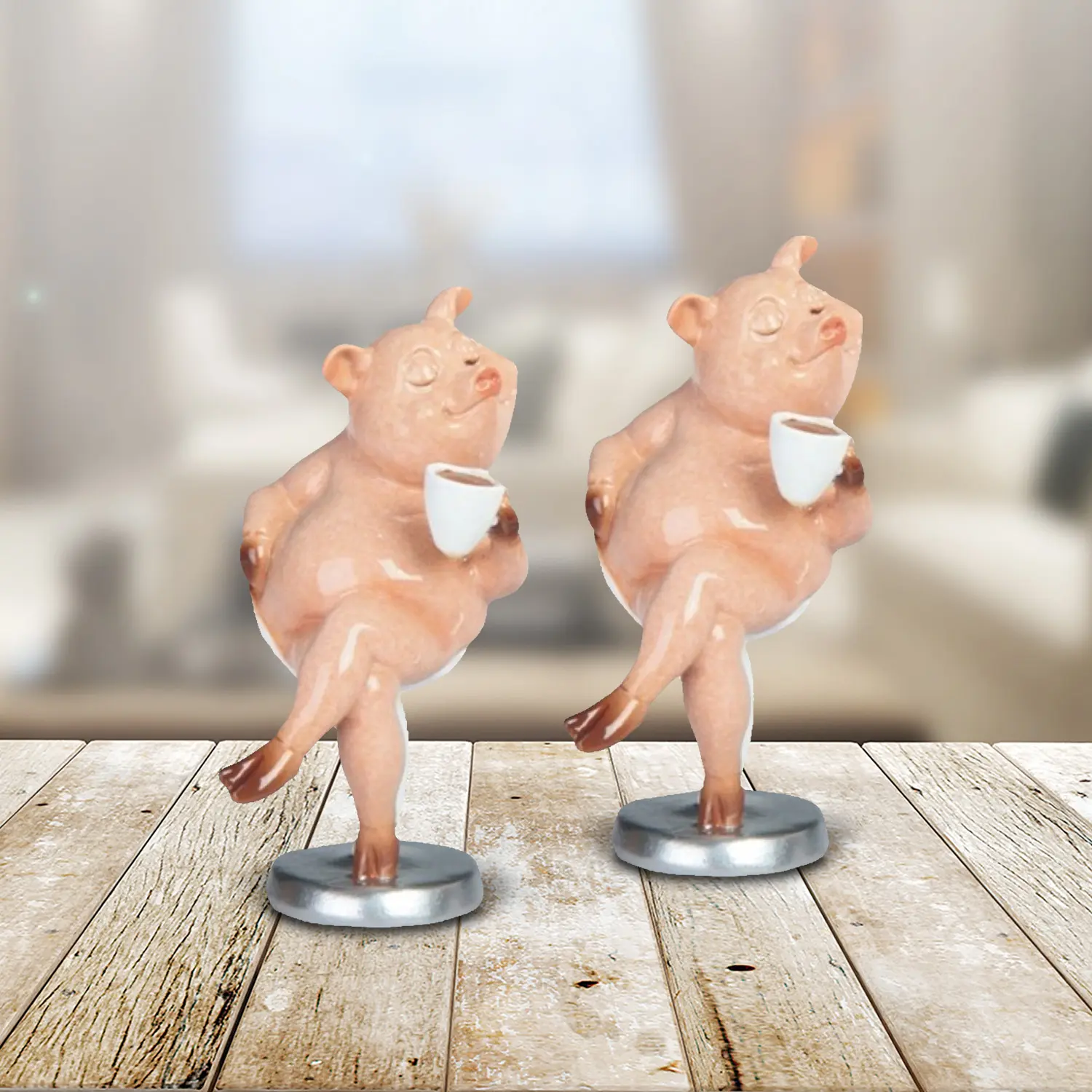 4"H Piggy Drinking Coffee Figurine
