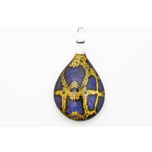 Tree of Life Dichroic Glass Pendant Necklace – Handmade 2″ Blue and Gold Art Glass Statement Teardrop with Integrated Glass Bail and 21″ Black Cord, Symbol of Growth and Connection
