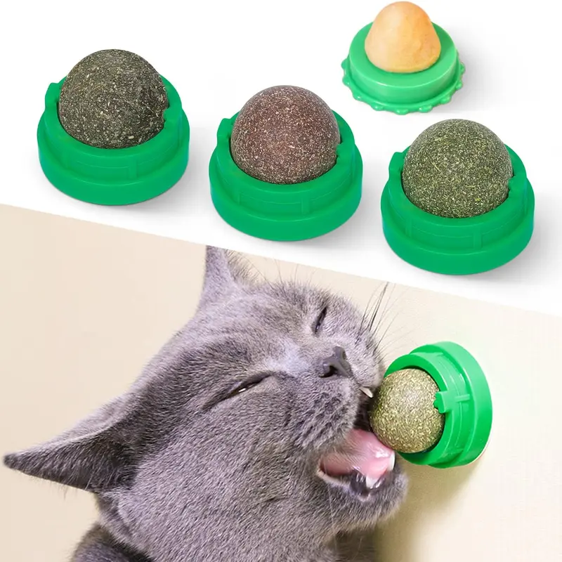 Catnip Toys Balls 4Pcs, Extra Energy Ball, Edible Kitten Silvervine Toys for Cats Lick, Healthy Teeth Cleaning Dental Toys, Cat Wall Treats (Green)