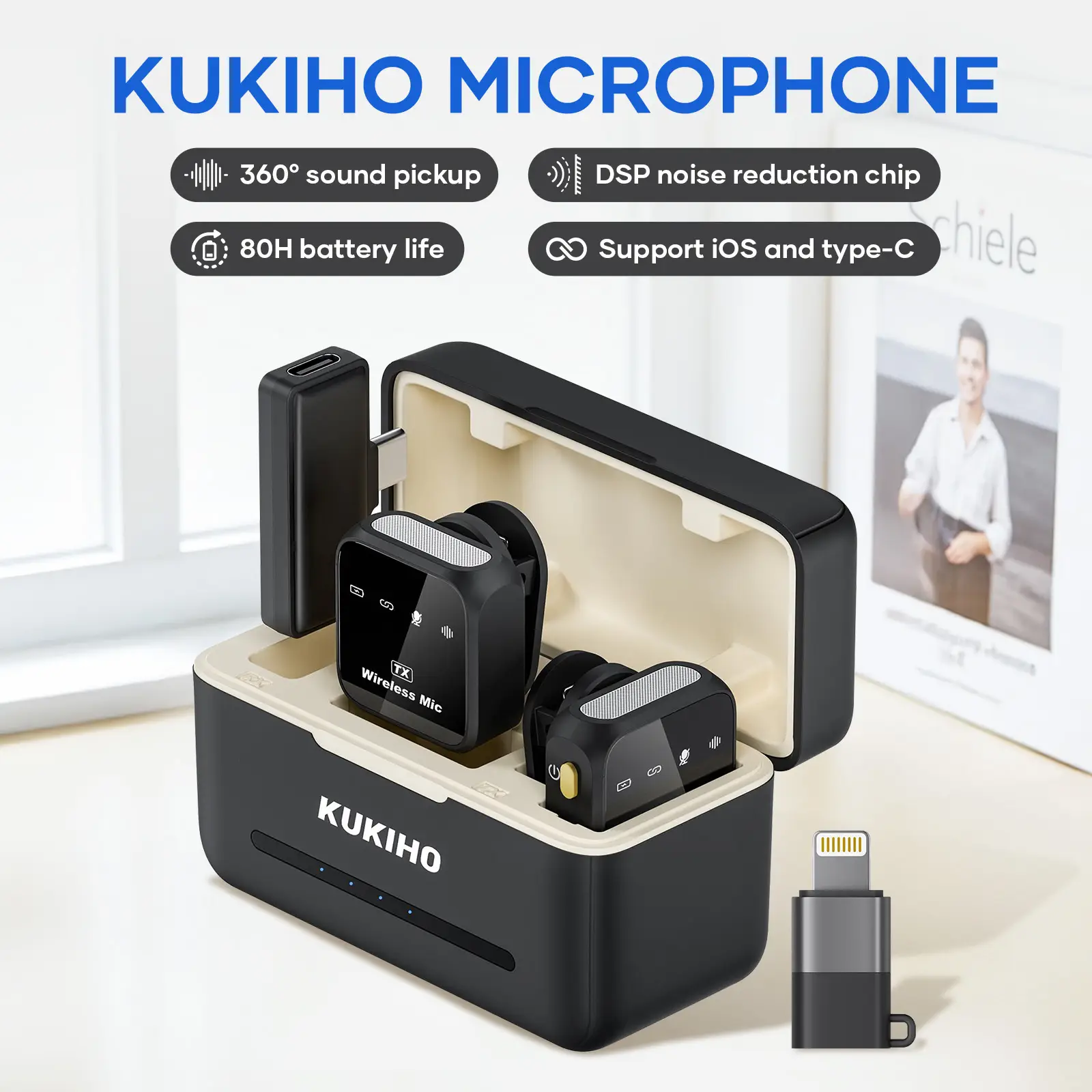KUKIHO Wireless Lavalier Microphone for iPhone iPad Android With Charging Case Audio Smartphone
