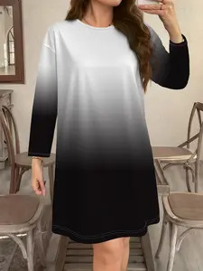 Plus Size Colorblock All over Print Long Sleeve Dress, Casual Round Neck Winter Warm Slimming Belly Cover-Up