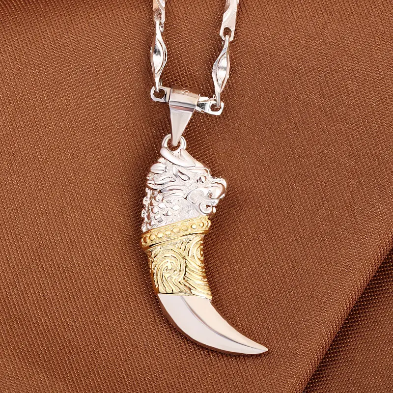 925 Sterling Silver Wolf Tooth Pendant Necklace for Men and Women, Retro Style Clavicle Chain, Fashion Jewelry Gift (4.2g/6.1g/9g), Chain Necklaces