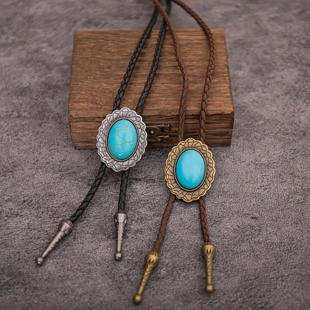 1 piece of a retro bolo tie collar rope in the western cowboy style. It is a bolo leather rope necklace with natural blue turquoise and an oval pattern, a long necklace.