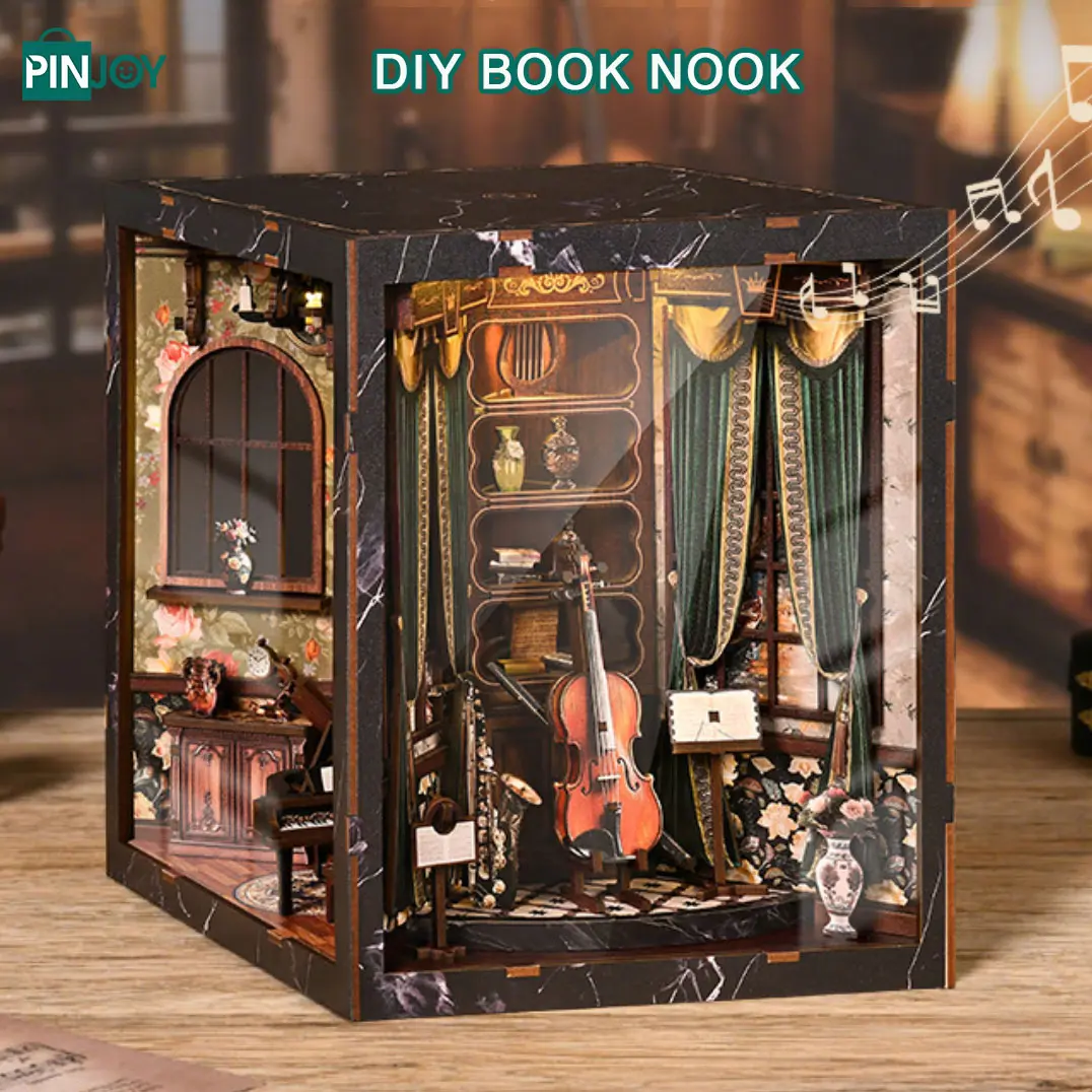 Wooden Music Theme Model DIY Kit, Bookshelf Decoration 3D Puzzle with Acrylic Dust Cover, Fun Educational Craft Project for Adults & Teens, Book Nook Puzzle, Wooden Puzzles