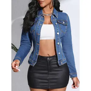 Women's Elegant Denim Jacket, 65% 35% Polyester Blend, Autumn/winter Solid Color Jacket With Button Detail, Medium Stretch, 290g/m2 Fabric Casual Comfort