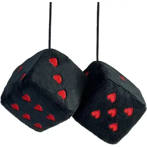 Pair 3" Fuzzy Plush Dice Heart Shape Decor for Car Rearview Mirror, Retro Square Decoration Dice for Car Hanging Accessories (Black-Red)