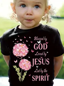 Dandelion and Letter Pattern Printed T-shirt, Jesus God Inspirational T-shirt, "Blessed by God, Loved by Jesus, Guided by the Holy Spirit" Summer Outfit for Young Children and Girls