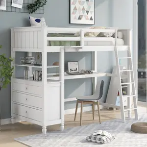 desk bed Twin size Loft Bed with Drawers and Desk, Wooden Loft Bed with Shelves - White