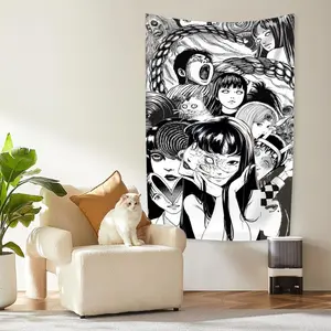 Japanese Horror Comic Wall Hanging Tapestry Tomie Seris Black And White Printed Home Or Bedroom Decoration Sofa Blanket Cotton Decorative Light Linen