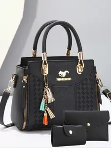 Women's Elegant Embroidered Pattern Tote Bag & Wallet, Handbag Shoulder Bag, Fashionable Zipper Shoulder Bag Set, Casual Trendy Versatile High-quality Daily Commuting Bag Set