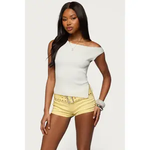 Myrah Asymmetric Off Shoulder Ribbed Knit Top