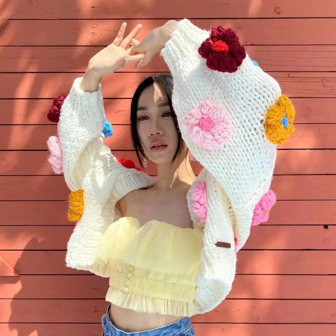 White Wool Crochet Big Flower Embroidered Design Women's Cardigan Sweater
