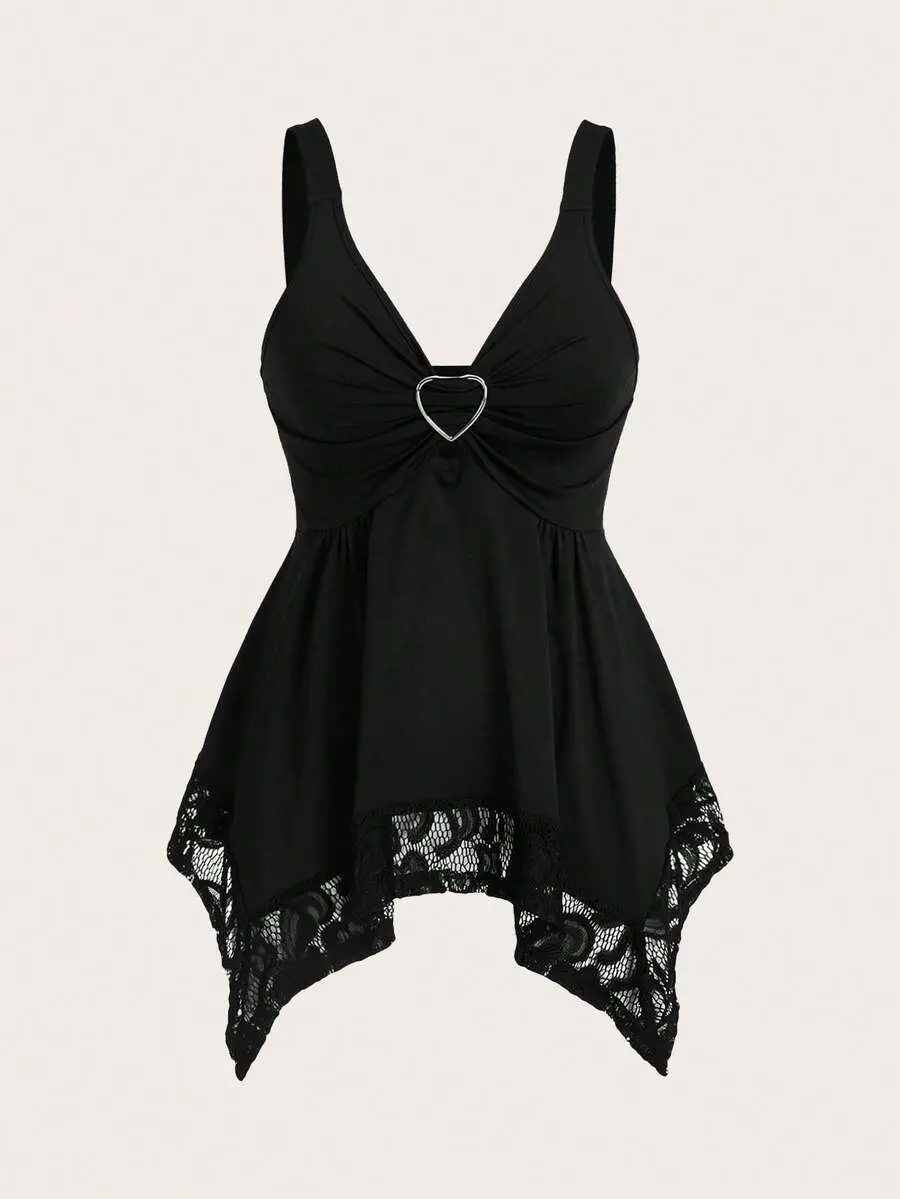 Women Contrast Lace Decorated Heart Shaped And Floral Splicing Tank Top Y2K