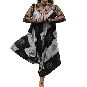 Karma Nepal Crafts Patchwork Cotton Flowy Tie Jumpsuit with Pocket Handmade Cotton Wide Leg Summer Overalls for Women Bohemian Style Loose Fit Earth-Tone Color