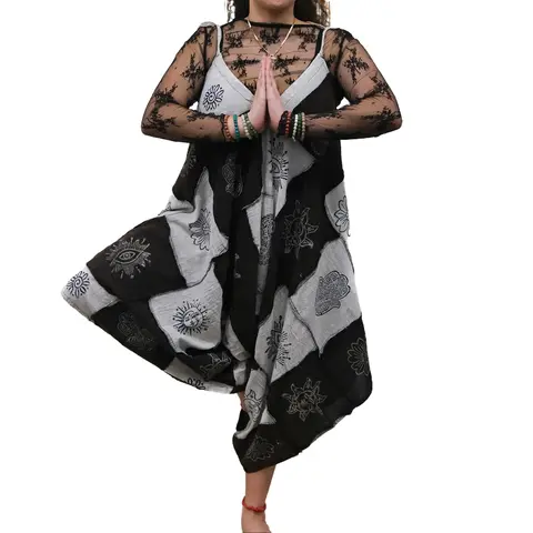 Women's Handmade Patchwork Cotton Flowy Sleeveless Adjustable Tie-Strap Jumpsuit - Soft, Breathable, Earth-Tone, Wide-Leg, Pocketed, Embroidered, Casual Style, Comfortable Fit, Karma Nepal Crafts Everyday Bohemian Overalls