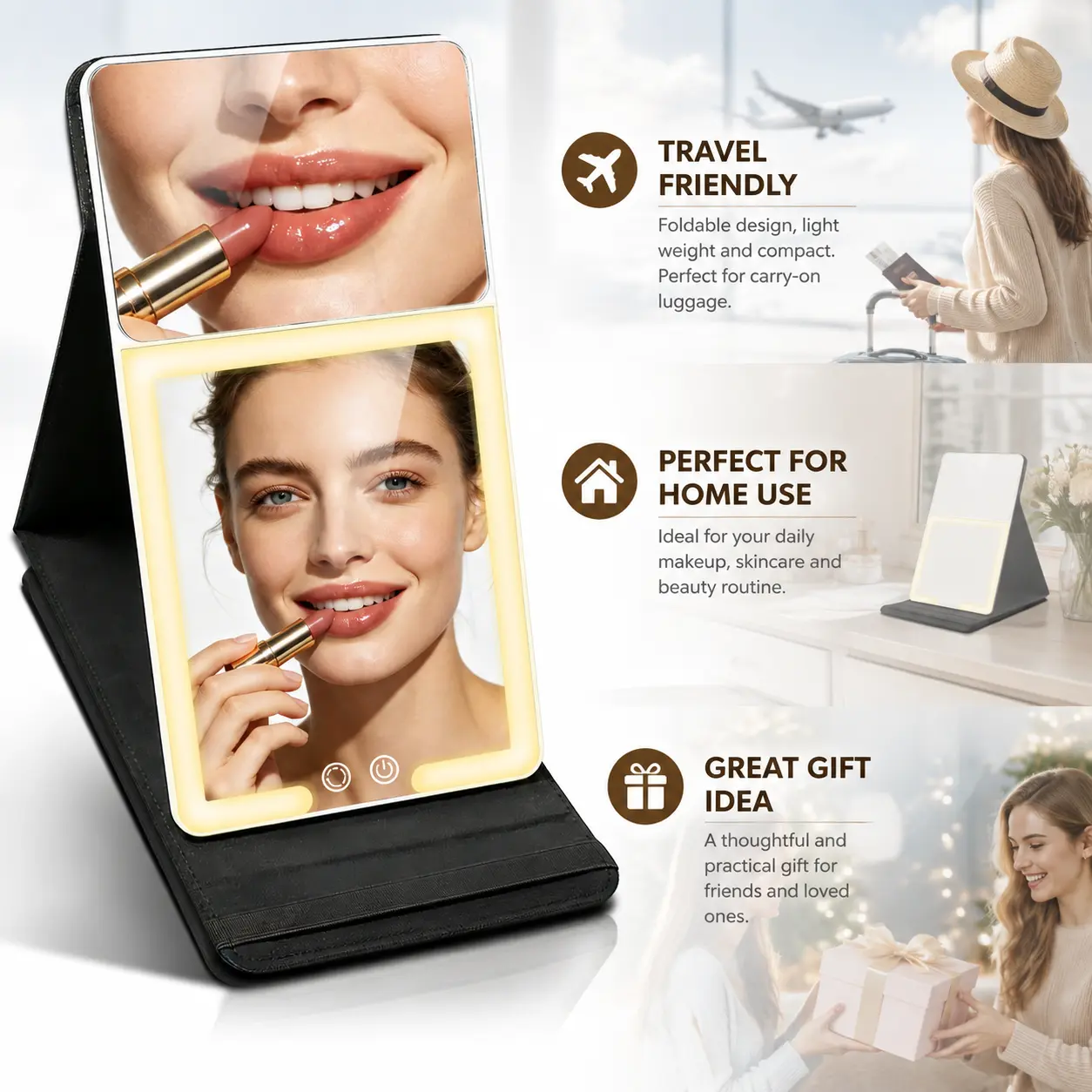 HMGGOOFA 20X Magnifying & HD LED Makeup Mirror, Foldable Portable Travel Mirror with 3 Color Modes, Touch Dimmable, USB Rechargeable Handheld Vanity Mirror for Women