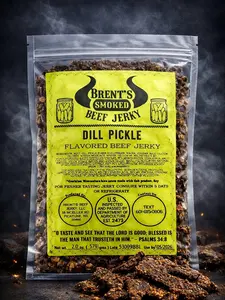 Brent’s Smoked Dill Pickle Beef Jerky – Small Batch Smoked Beef – High Protein Snack – 2.5 oz & 8oz