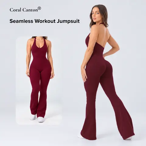 Coral Canton Seamless Workout Jumpsuit - Backless V-Neck Bodycon with Flared Legs, Breathable Stretchable Nylon Activewear with Built-in Bra, Removable Pad & Bra-Hook Support for Fitness Outfits & Everyday Use