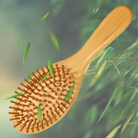 Bamboo Hair Brush, Essential Brush, Natural Wooden Massage Cushion, Wide-tooth Detangling Brush for Thick Hair, Scalp Care for Women Men