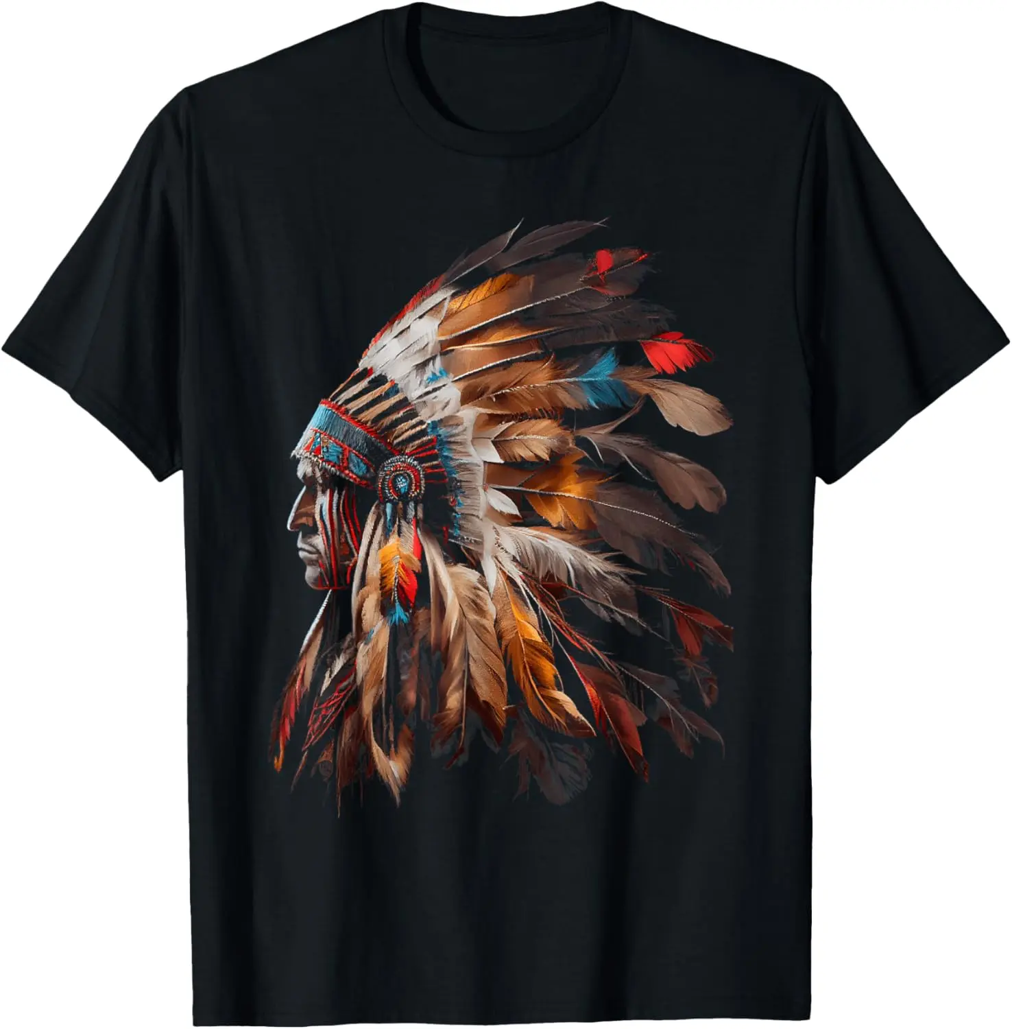 Women's 100% Cotton Short-Sleeve Top, Native American Indian Headdress Graphic, Vintage Distressed Casual T-Shirt, Menswear-Inspired Streetwear