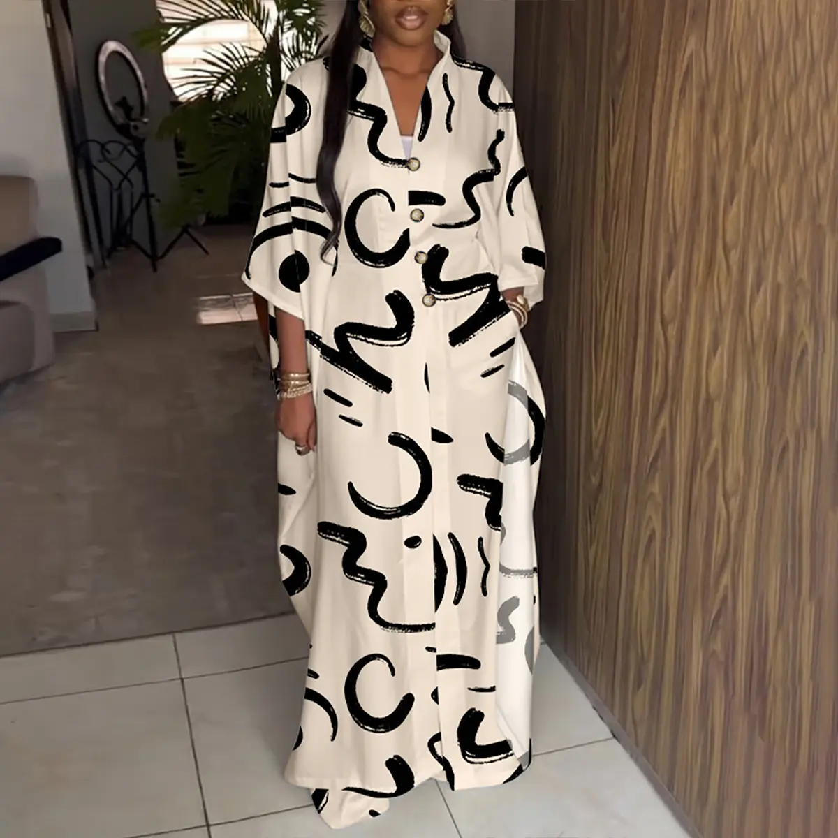 CHICME Women's 2 Pieces Outfit Batwing Sleeve Button Front Side Slit Longline Coat and Elastic Back Waist Wide Leg Pants Set Casual Abstract Print Satin Set